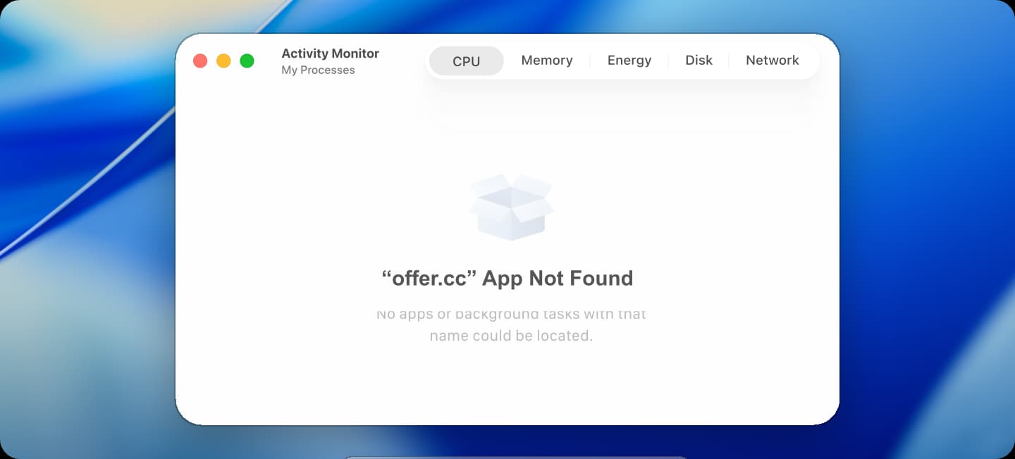 Offer.cc identity absent from the system activity monitor
