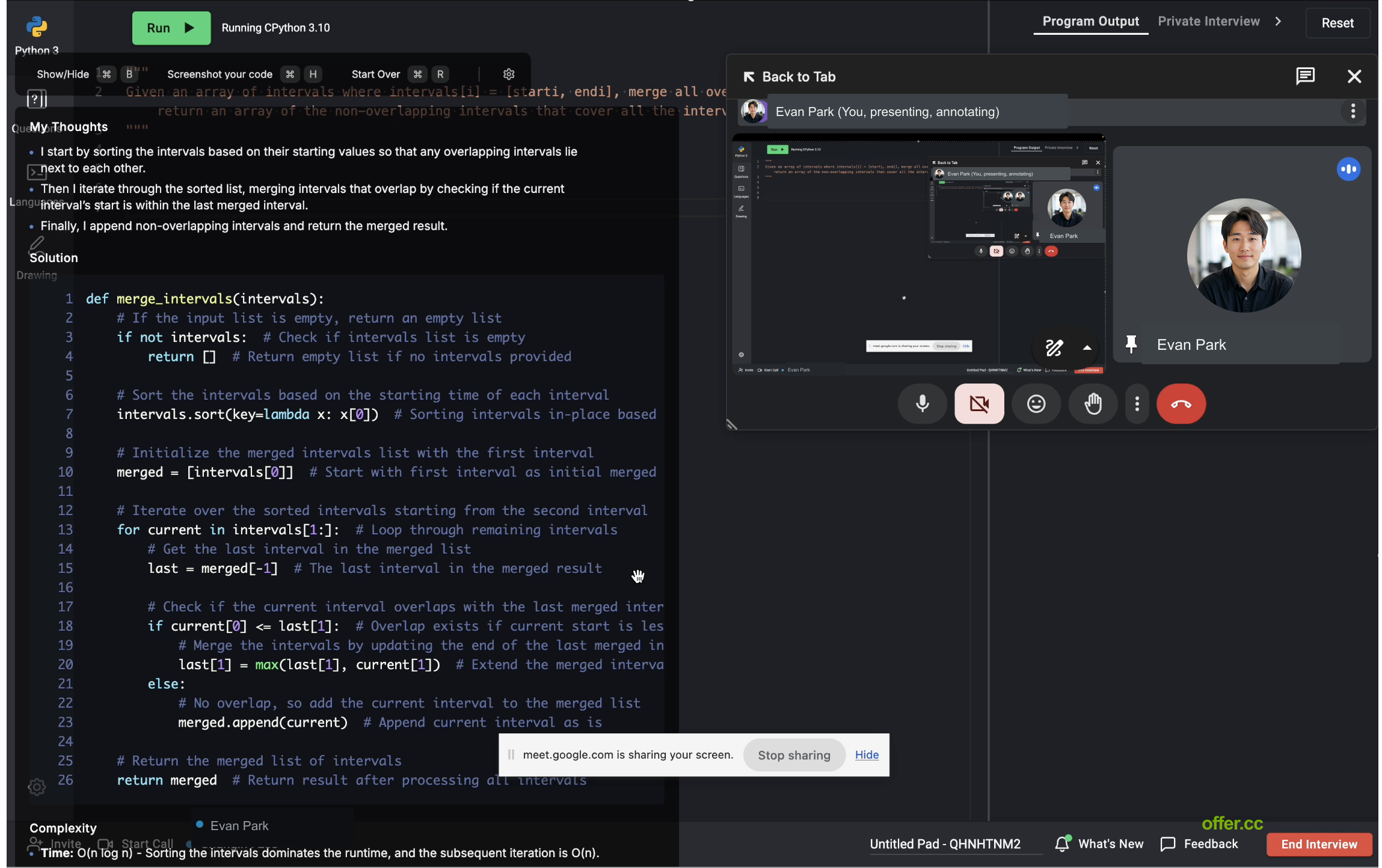 Offer.cc showing an answer in the local desktop view while the shared screen stays on the interview workspace
