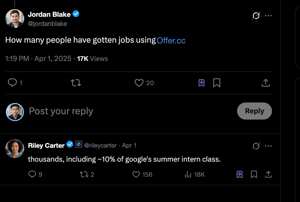 A social post says thousands of people have found jobs using Offer.cc.