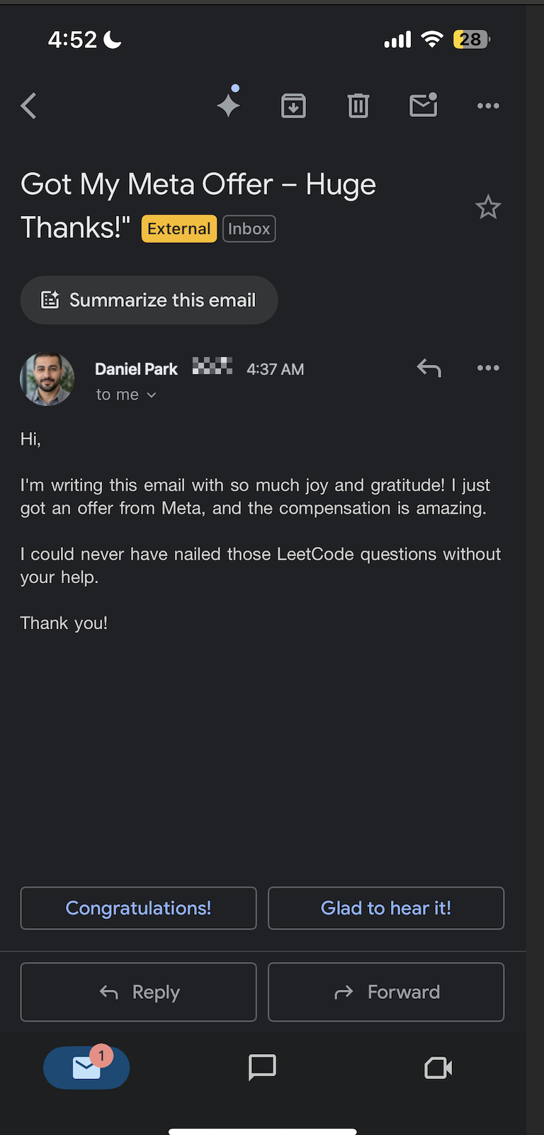 A candidate shares that Offer.cc helped with LeetCode questions and an offer from Meta.